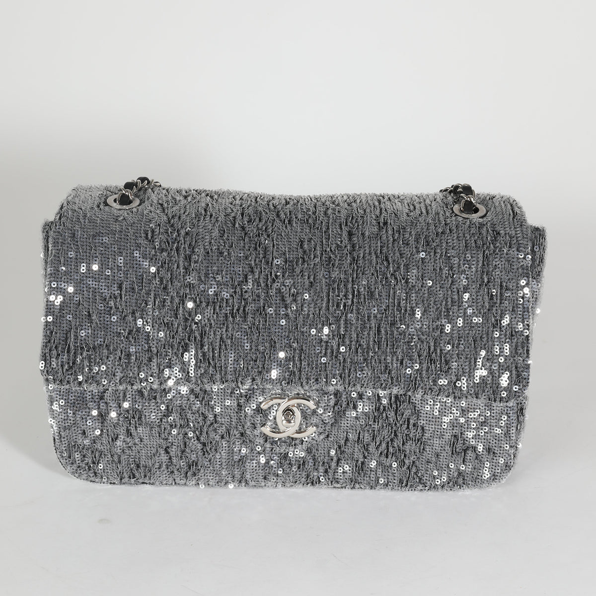 CHANEL Silver Sequin Jumbo Single Flap Bag