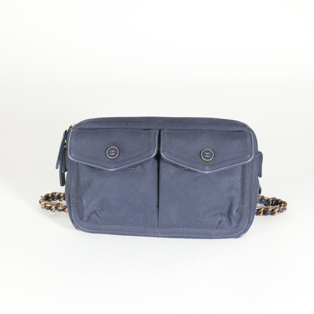Top Quality Chanel Navy Canvas Double Pocket Waist Bag