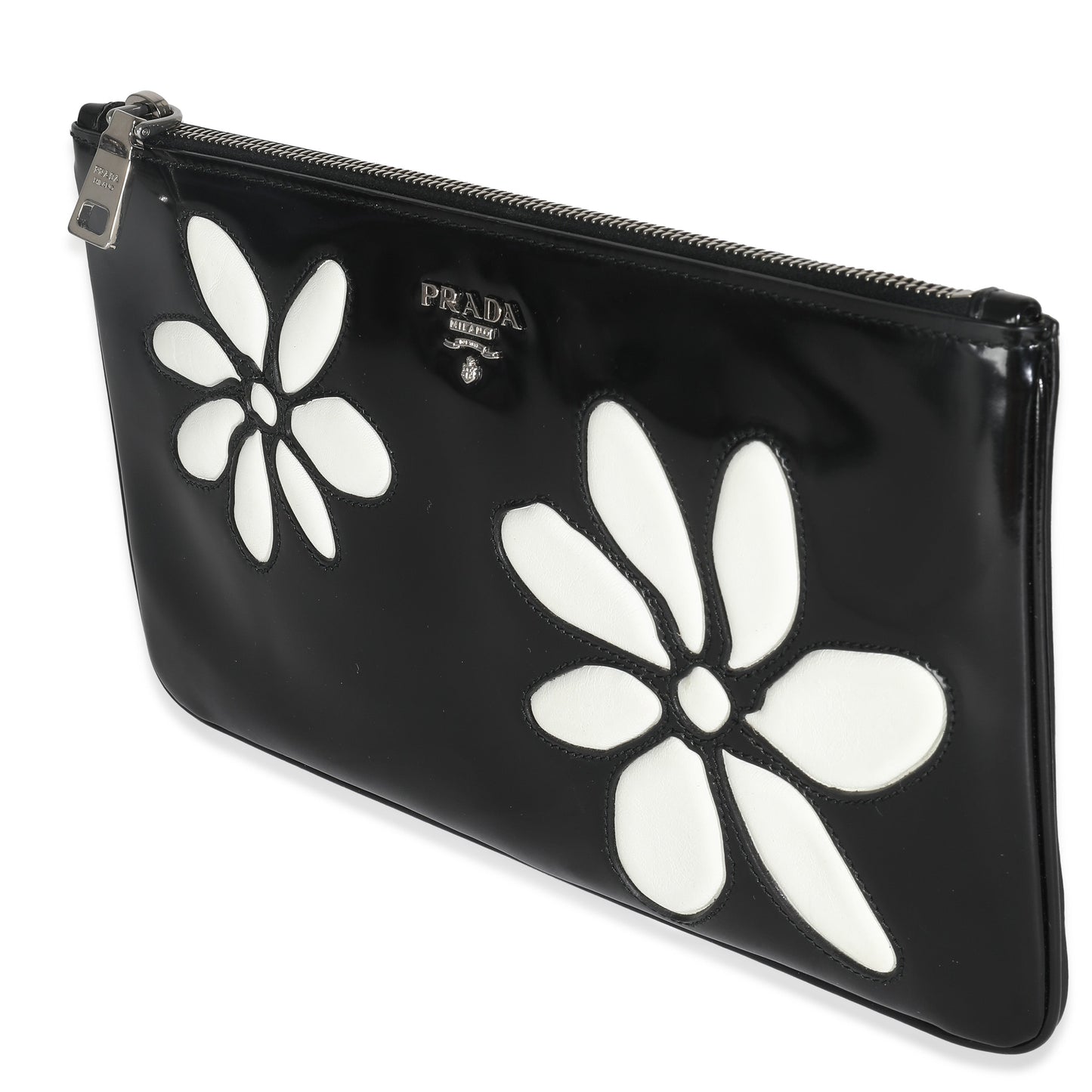 PRADA Black Spazzolato Flower Zip Pouch