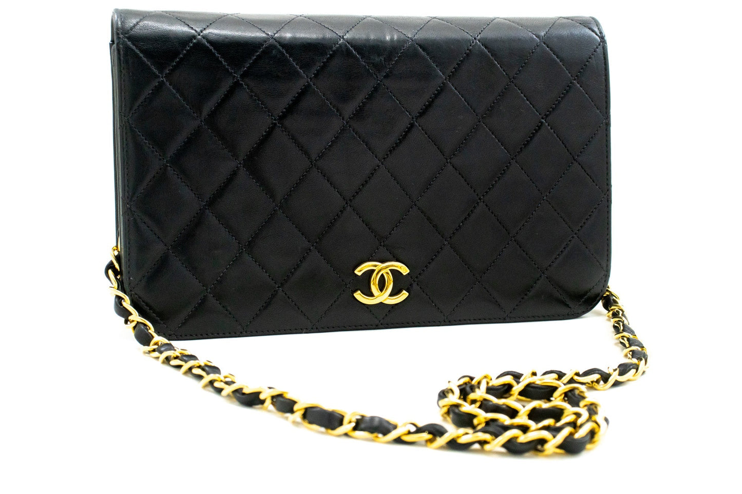 CHANEL Full Flap Chain Shoulder Bag Clutch Black Quilted Lambskin