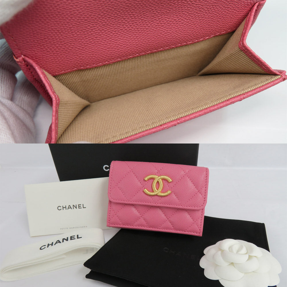 Chanel Small Flap Wallet AP3518 Matrasse Caviar S Pink G Coco Metal Three Folded Wallet