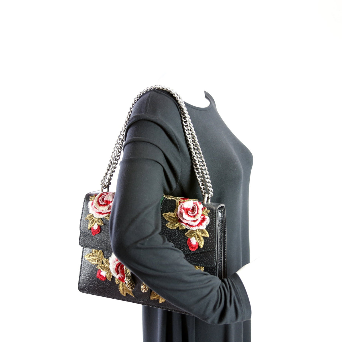 Dionysus Leather Floral Embroidered Shoulder Medium