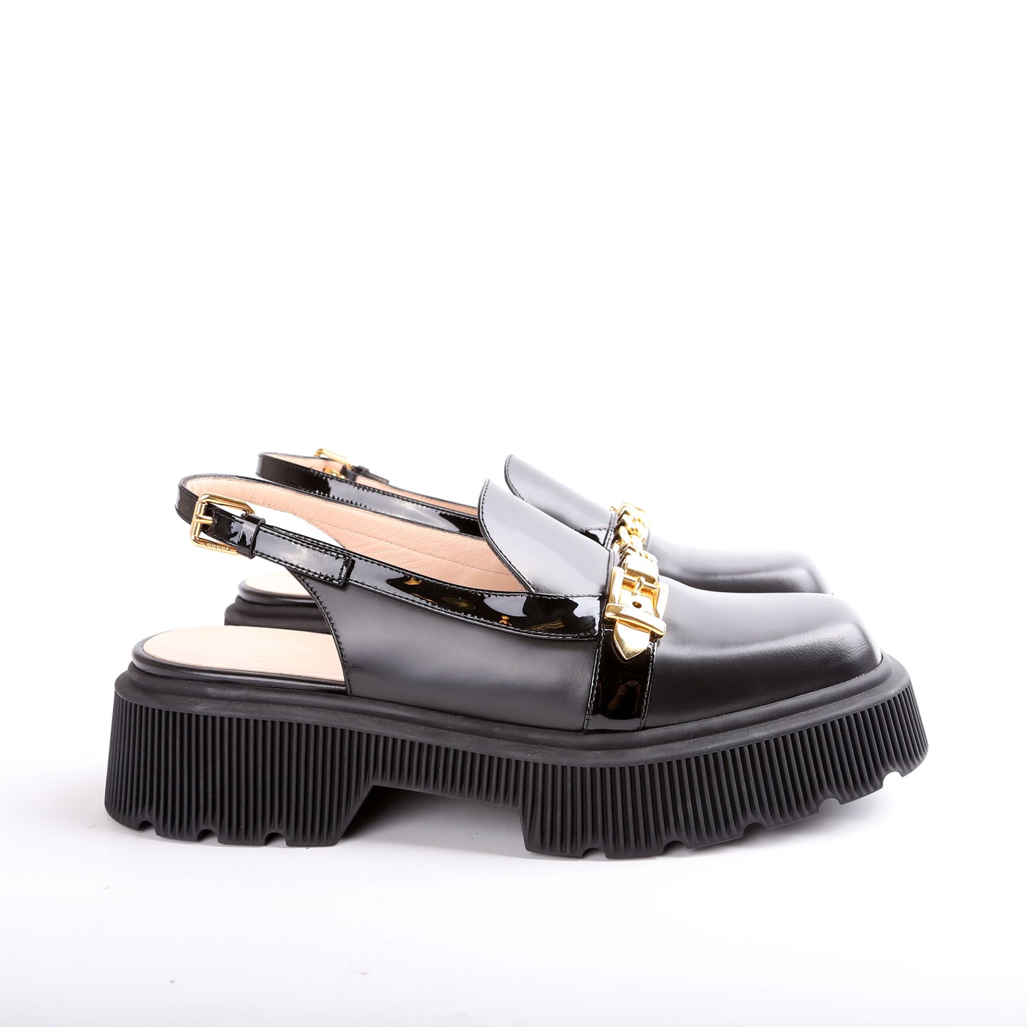 Gucci Calfskin Hundler Chain Slingback Loafers Size .