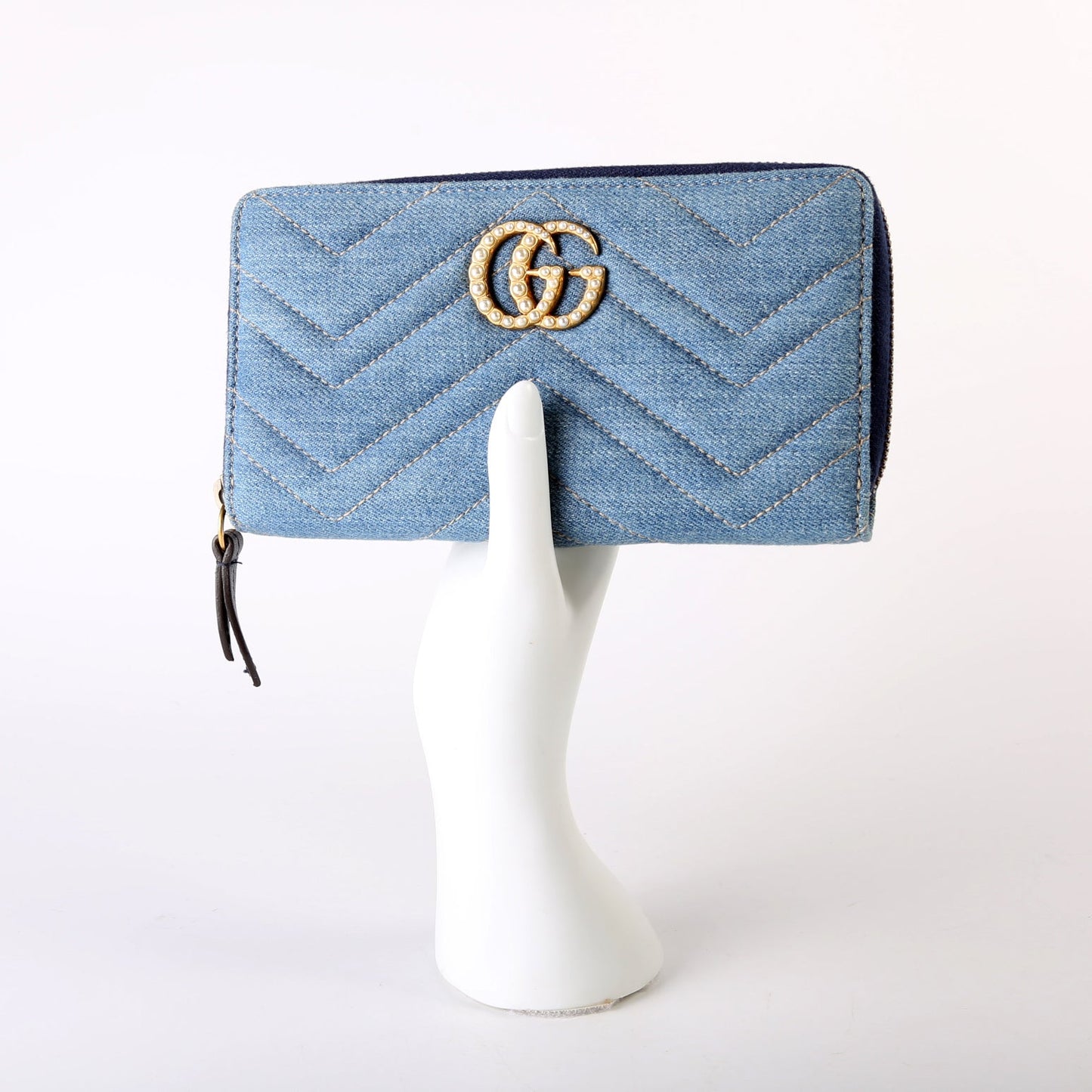 GG Marmont Pearly Denim Zip Around Wallet Blue
