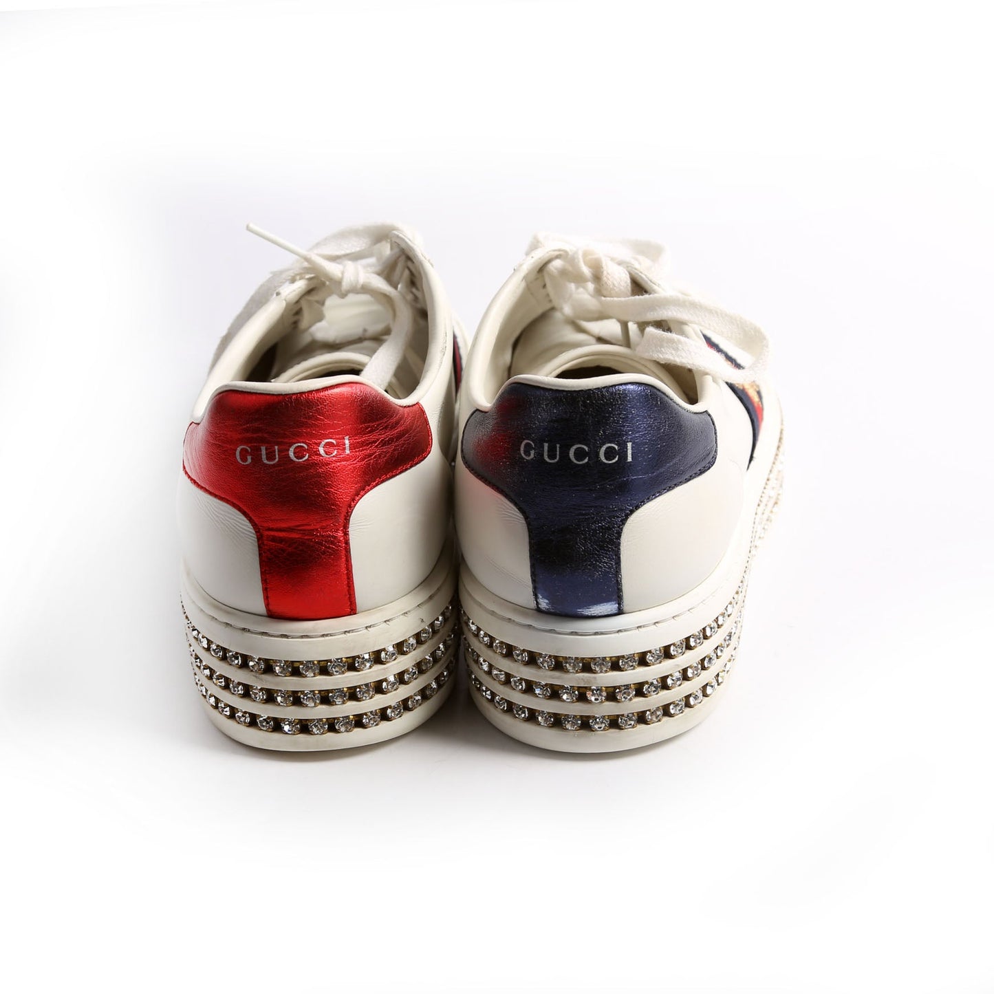 Gucci Ace Web Bee Crystal Platform Sneakers Size . White/Navy