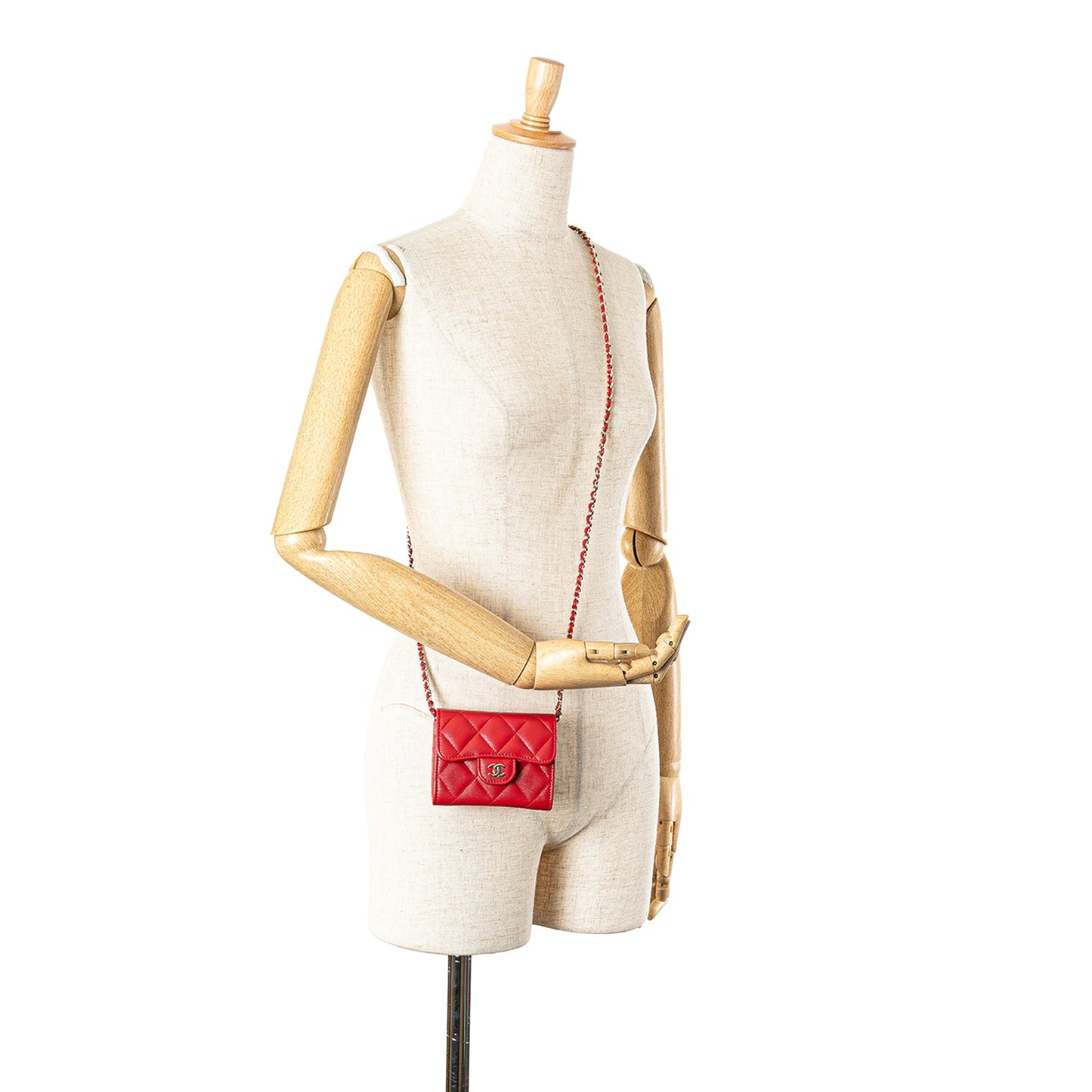 Red Chanel CC Quilted Caviar Flap Card Holder on Chain Crossbody Bag