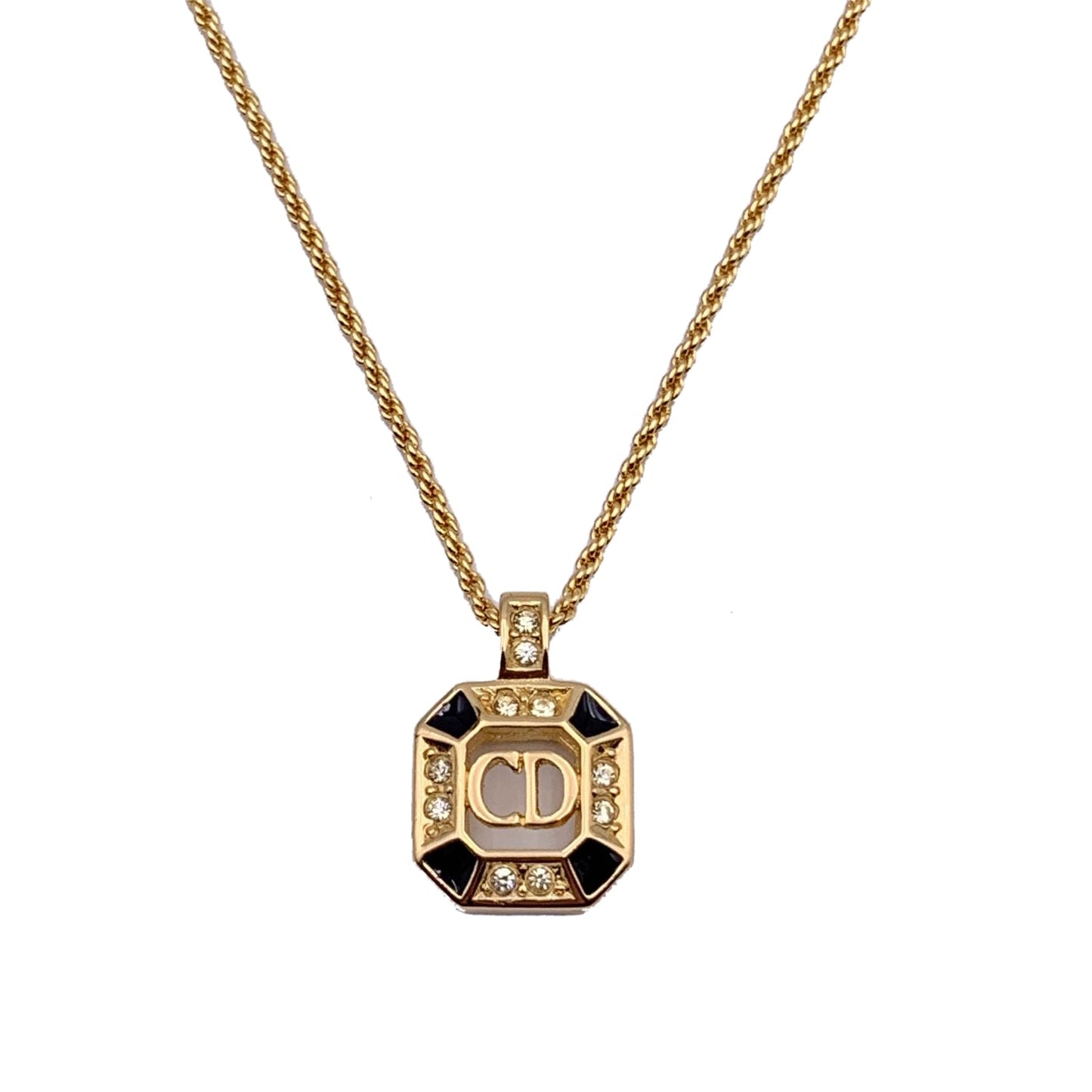 CHRISTIAN DIOR Vintage Gold Metal Cd Square Pendant Chain Necklace