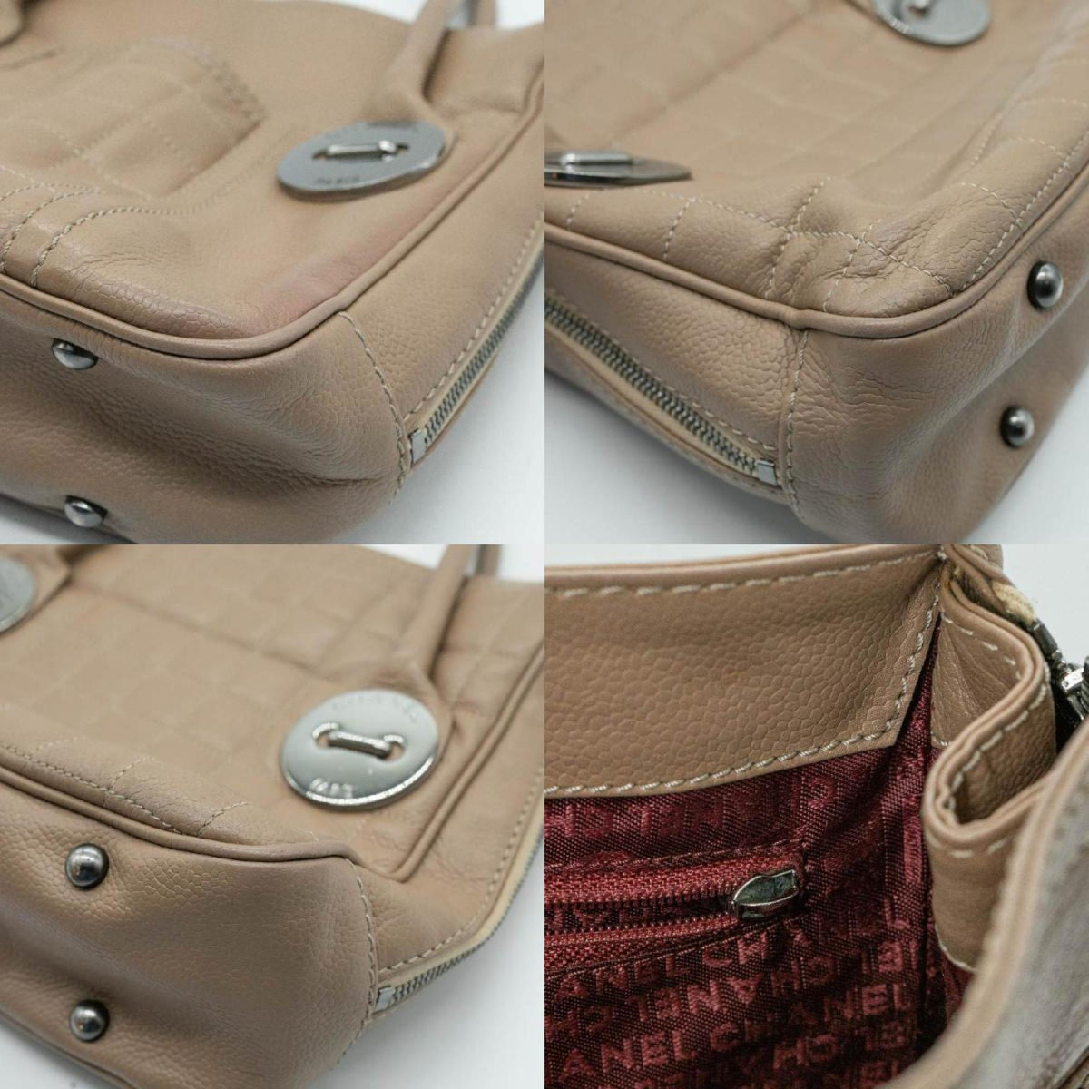 CHANEL Handbag Chocolate Bar Leather Beige Silver Women's PD21