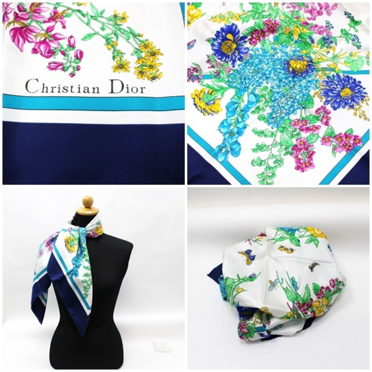 CHRISTIAN DIOR Scarf Muffler White x Navy Women's Flower
