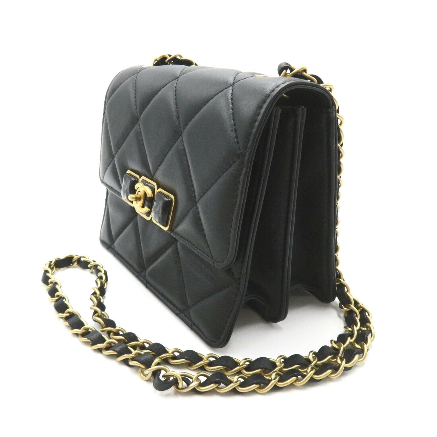 CHANEL Chain Shoulder Bag, Lambskin, Women's, Black, AS3392