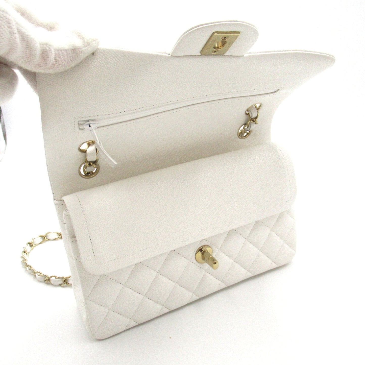 CHANEL Matelasse Double Flap ChainShoulder White Caviar Skin (Grained Calf) A01113