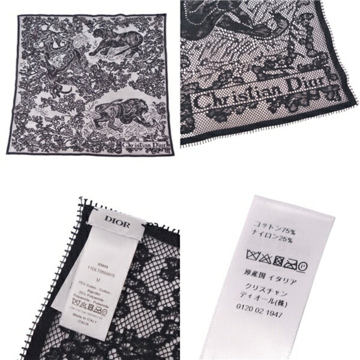 CHRISTIAN DIOR Scarf Muffler Lace Safari Animal Pattern Cotton Nylon Women's Black