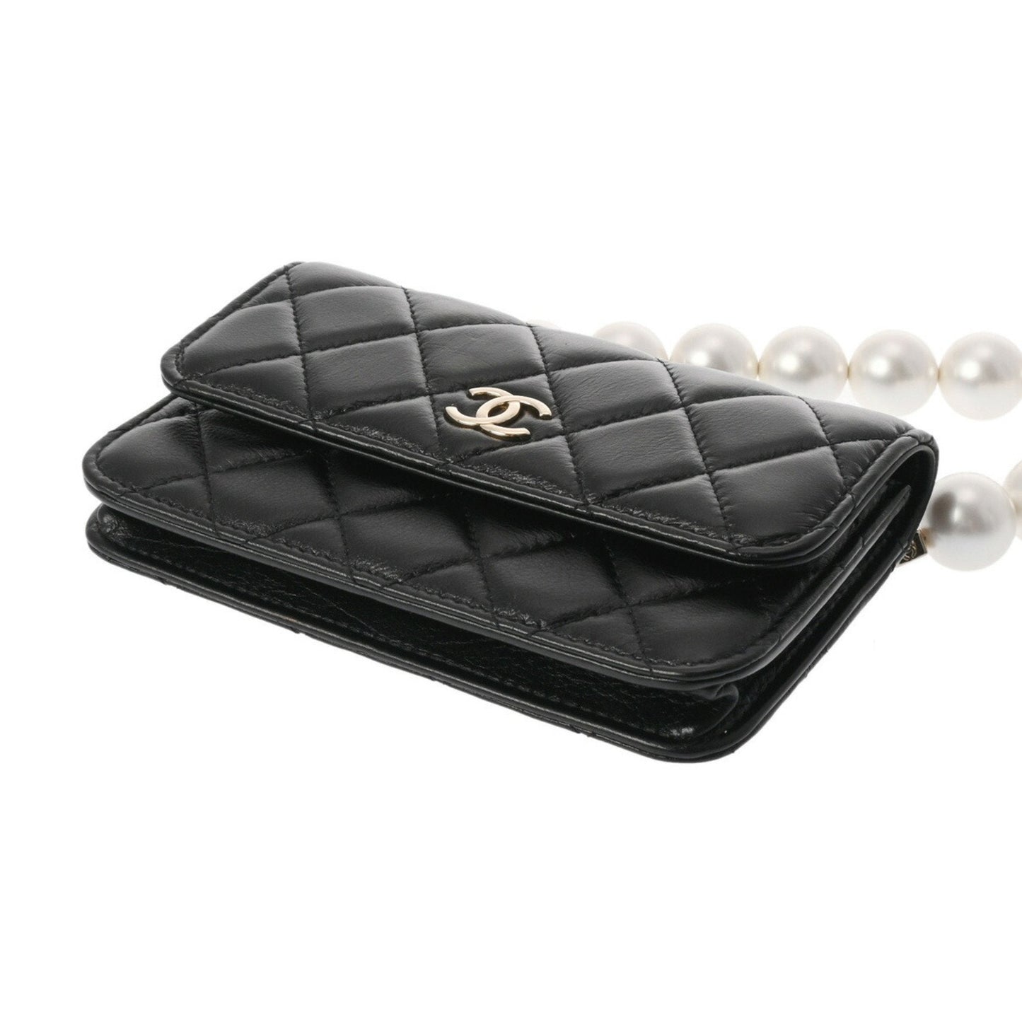 CHANEL Chanel Matelasse Pearl Chain Shoulder Black Champagne AP1839 Women's Lambskin Bag