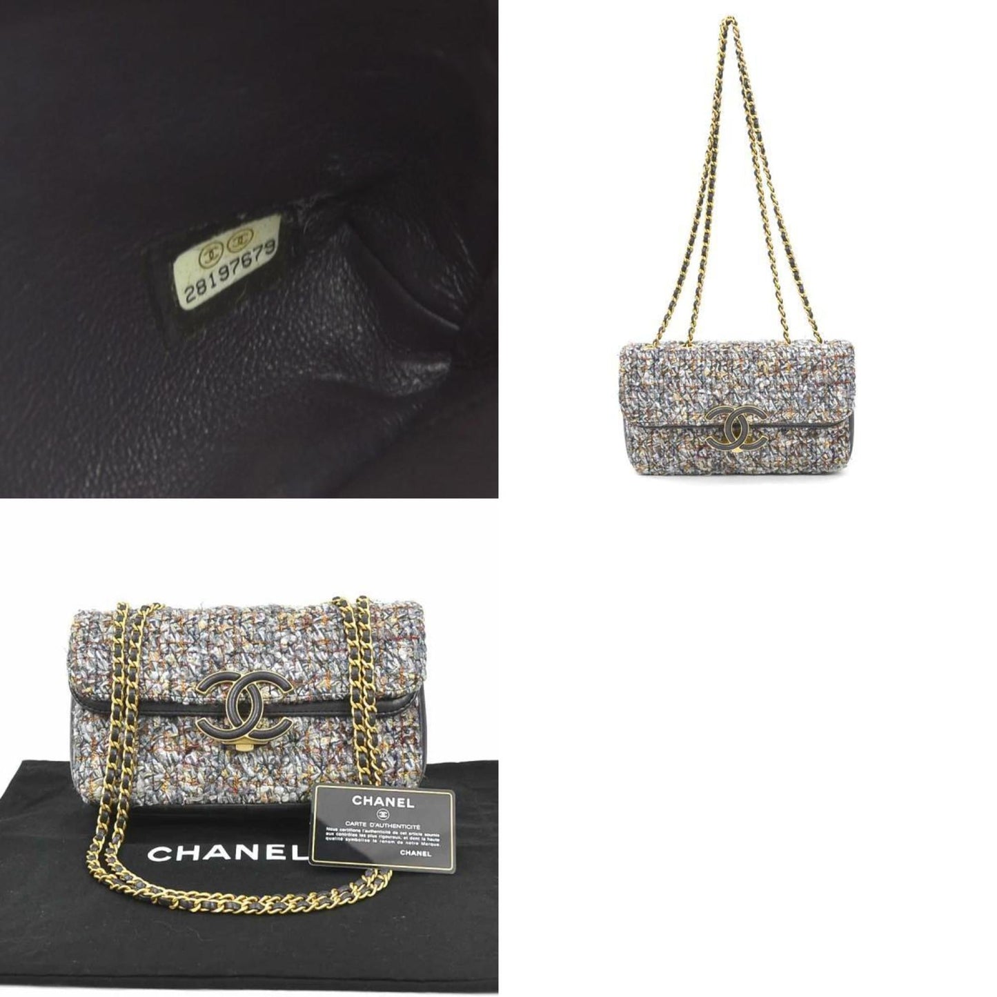 CHANEL Shoulder Bag Coco Mark Tweed/Leather Gray/Blue/Multicolor Gold Ladies