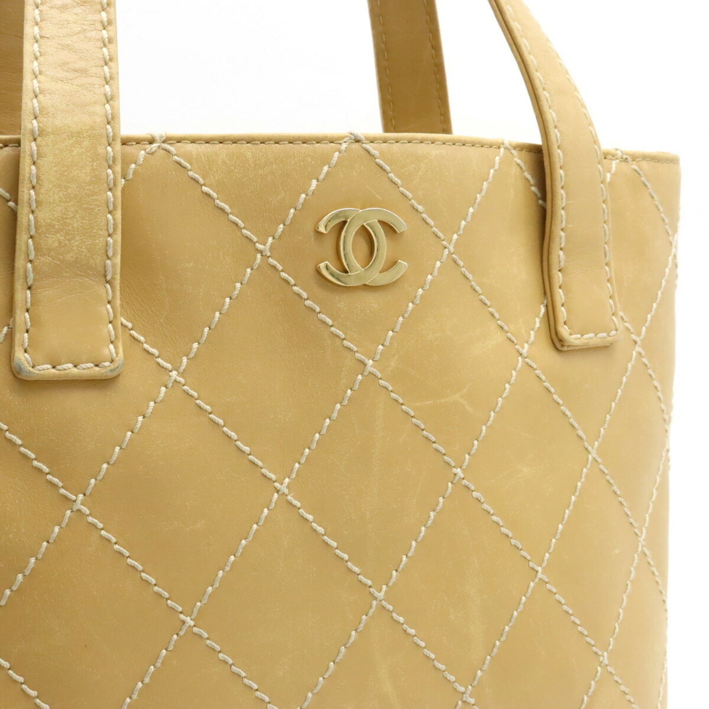 Chanel Wild Stitch Coco Mark HandBag Tote Bag Leather Beige A18126