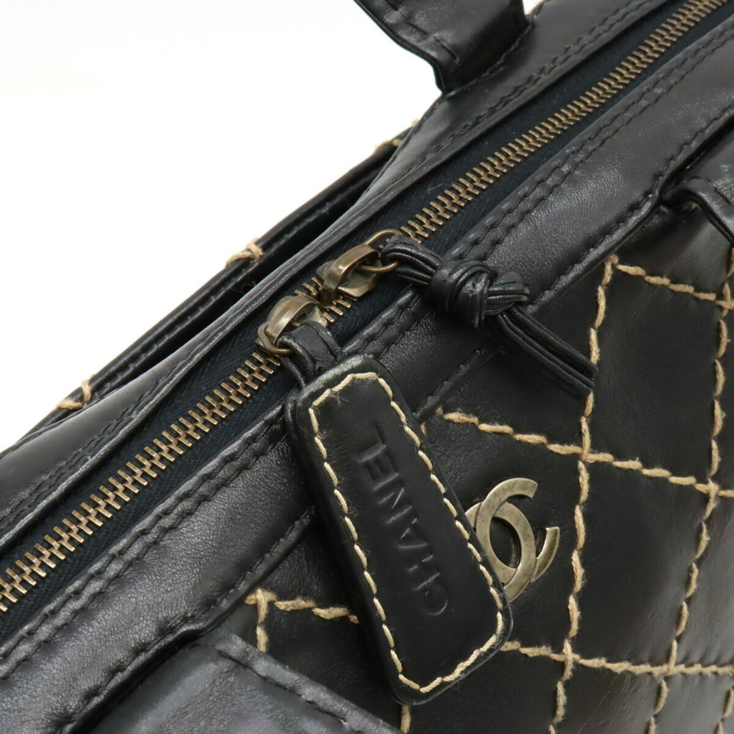 Chanel Wild Stitch Coco Mark Tote Bag HandBag Leather Black A14693