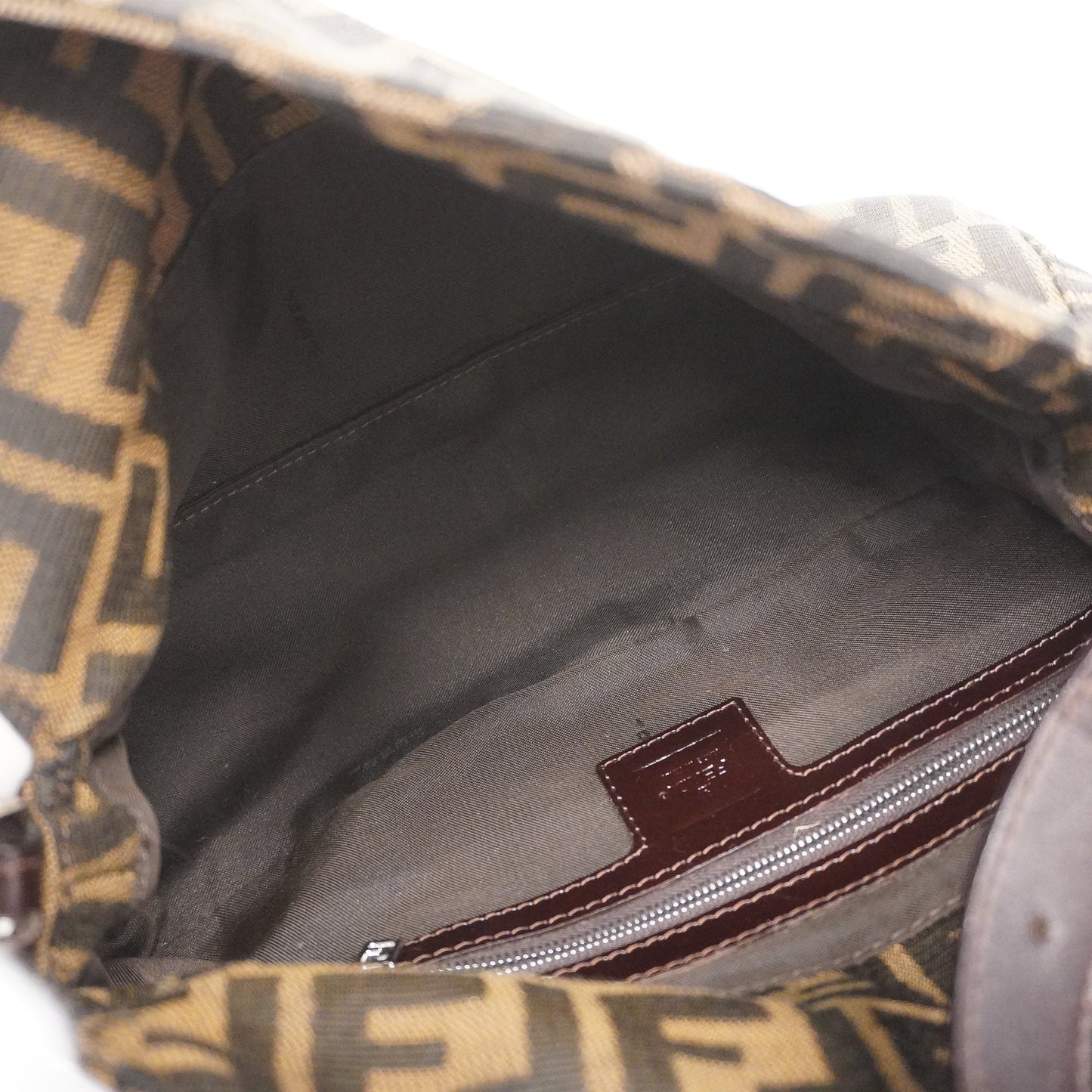 FENDIAuth Zucca Handbag Women's Nylon Canvas,Leather Brown