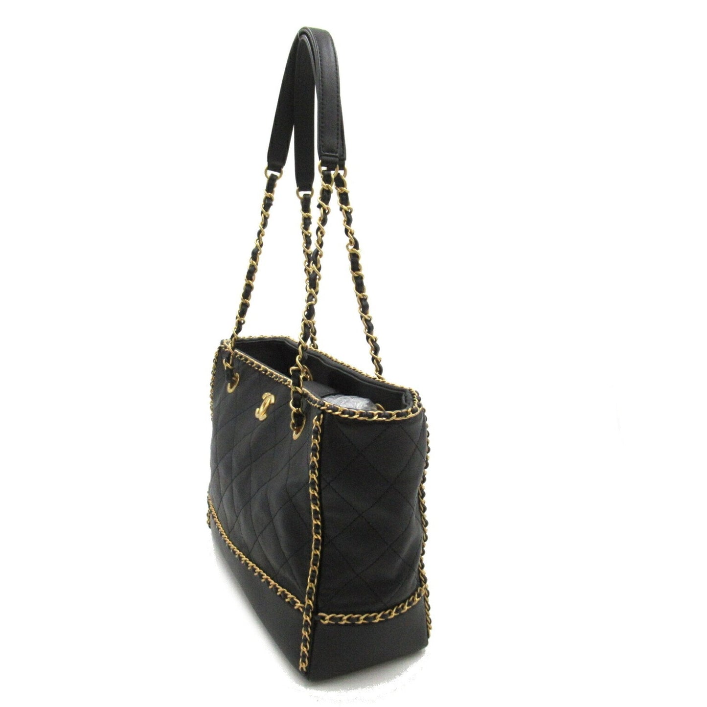 CHANEL Chain Tote Bag Leather Women's Black