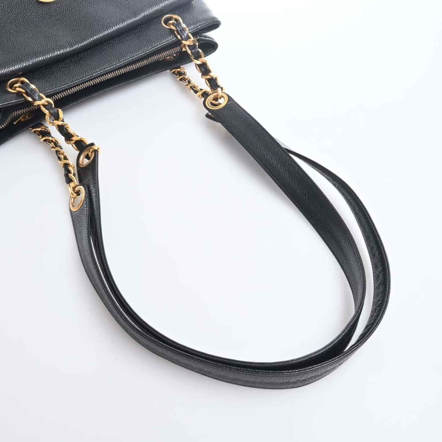 CHANEL Caviar Skin Coco Mark Chain Tote Bag Black Ladies