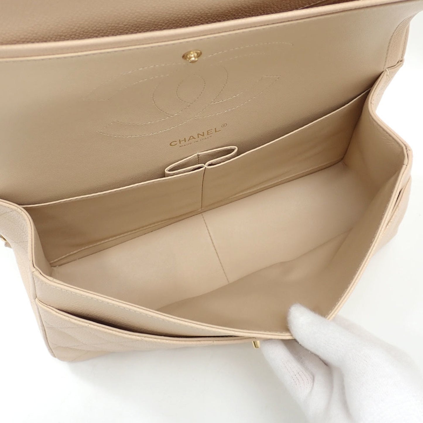 Chanel W flap chain shoulder bag Matelasse 30 Women's Beige Caviar Skin A58600 Coco Mark