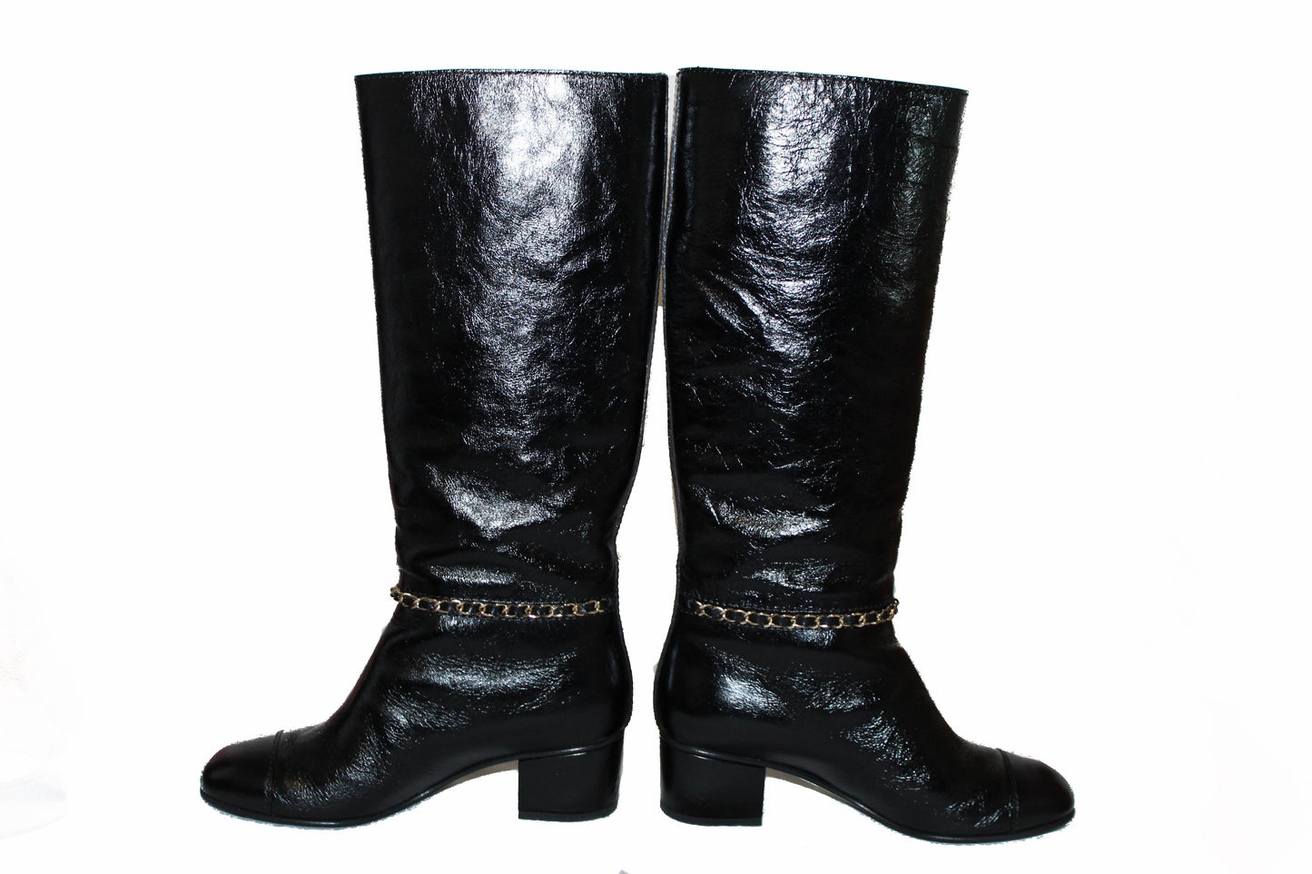 Chanel Black Patent Leather CC Logo Chain High Boots Size 36C