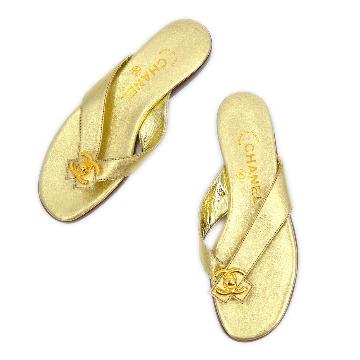 CHANEL Gold Lambskin Turn-lock Sandals Shoes #35 1/2