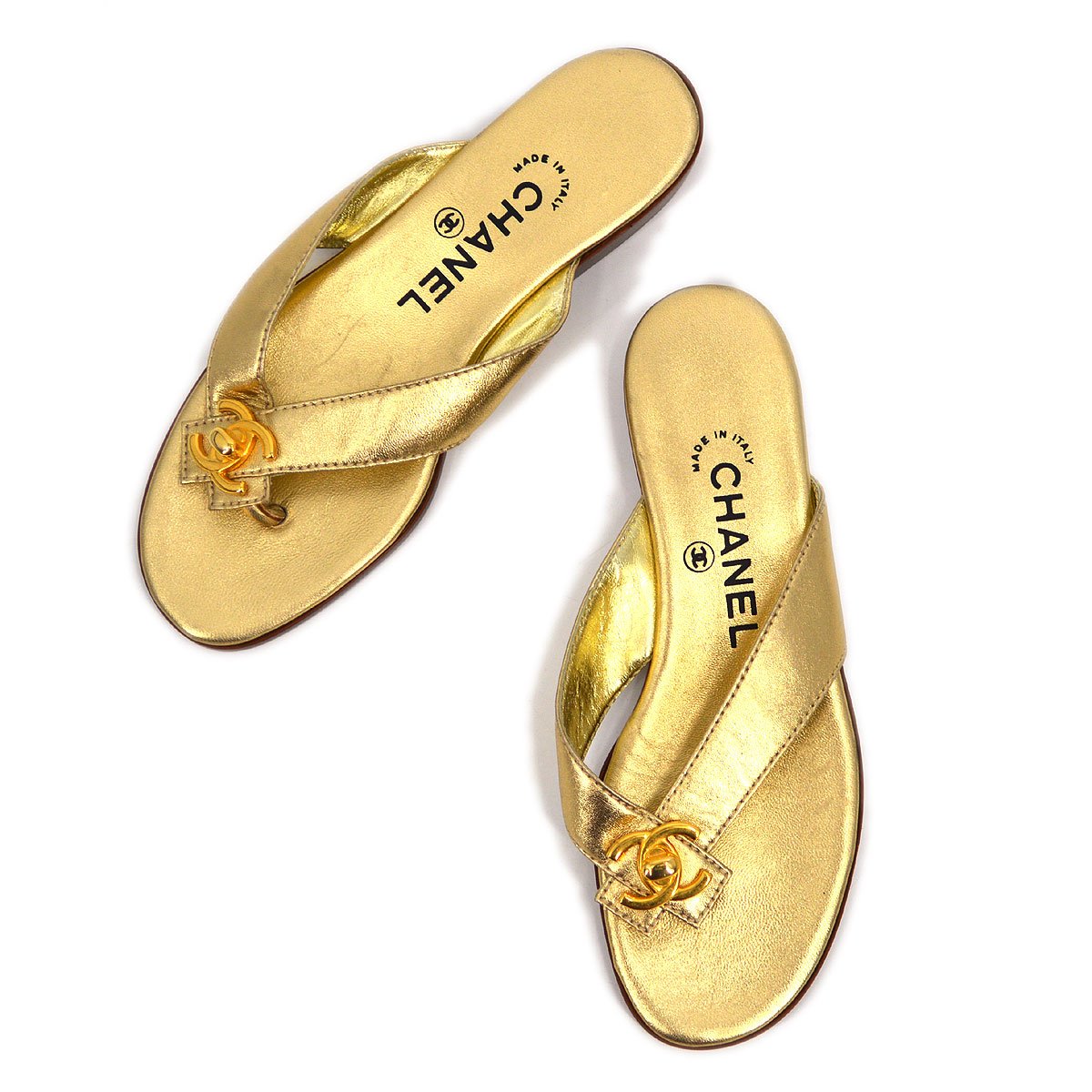 CHANEL Gold Lambskin Turn-Lock Sandals Shoes #36