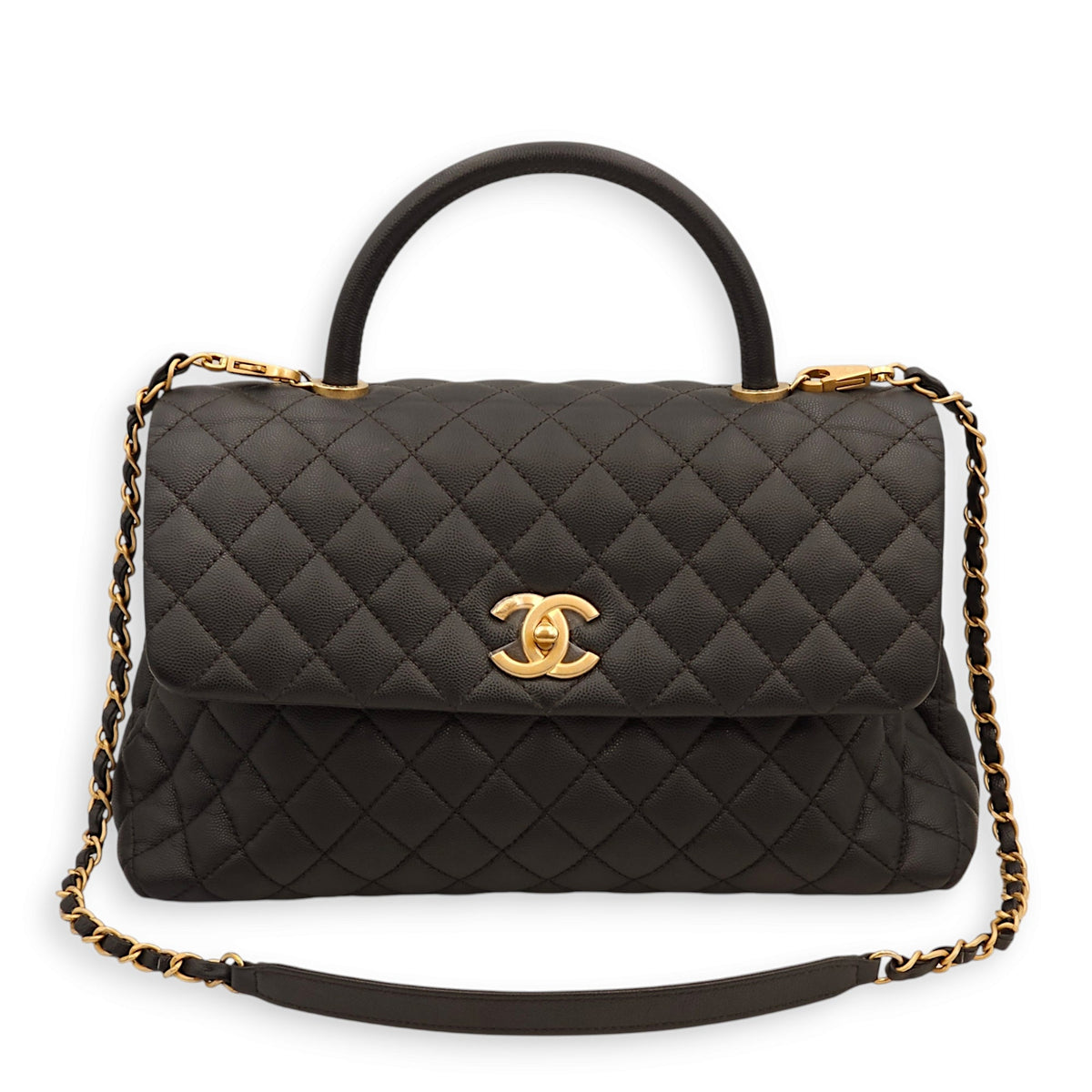 Coco Large Black Top Handle Bag in Caviar Leather, Gold hardware