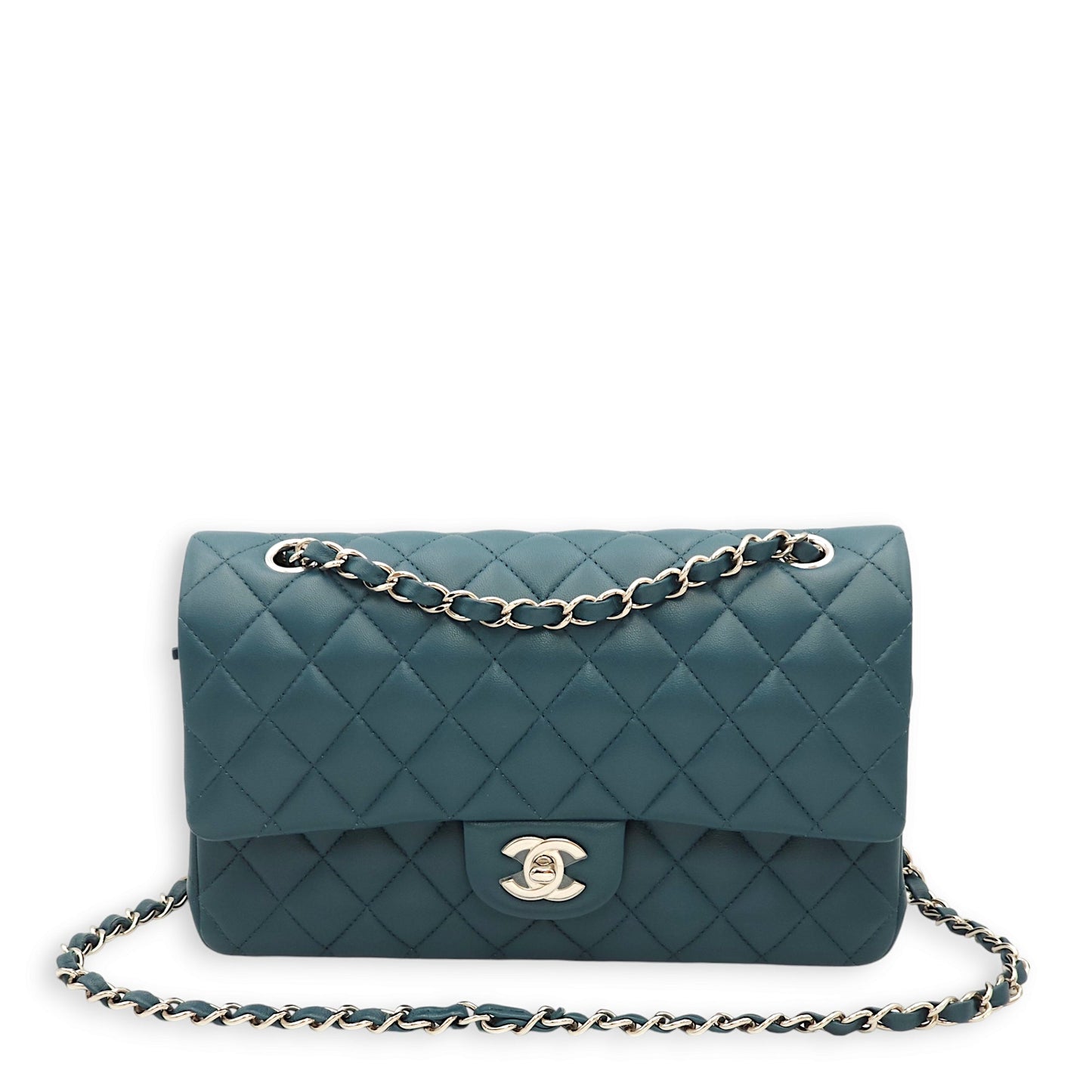 Classic Double Flap Medium Teal Shoulder Bag in Lambskin, Palladium hardware