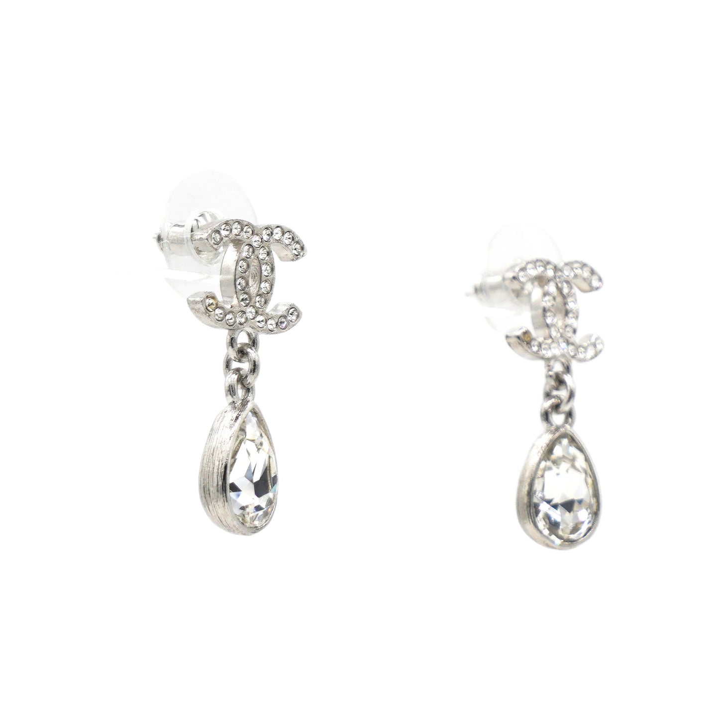 Chanel Crystal CC Teardrop Earrings Silver