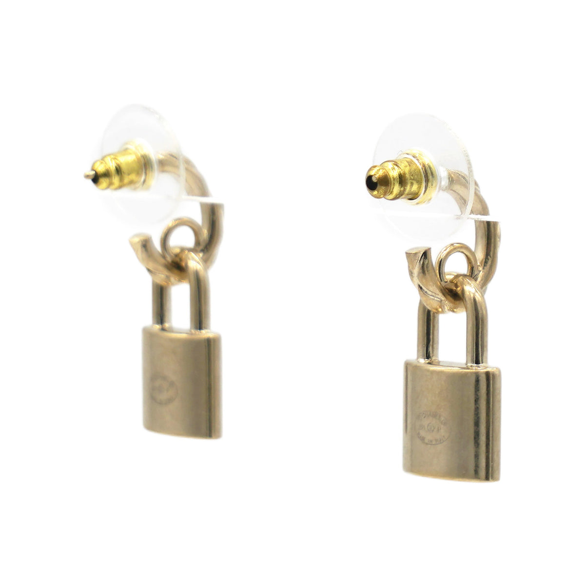 Chanel Metal Lock Drop Earrings Light Gold