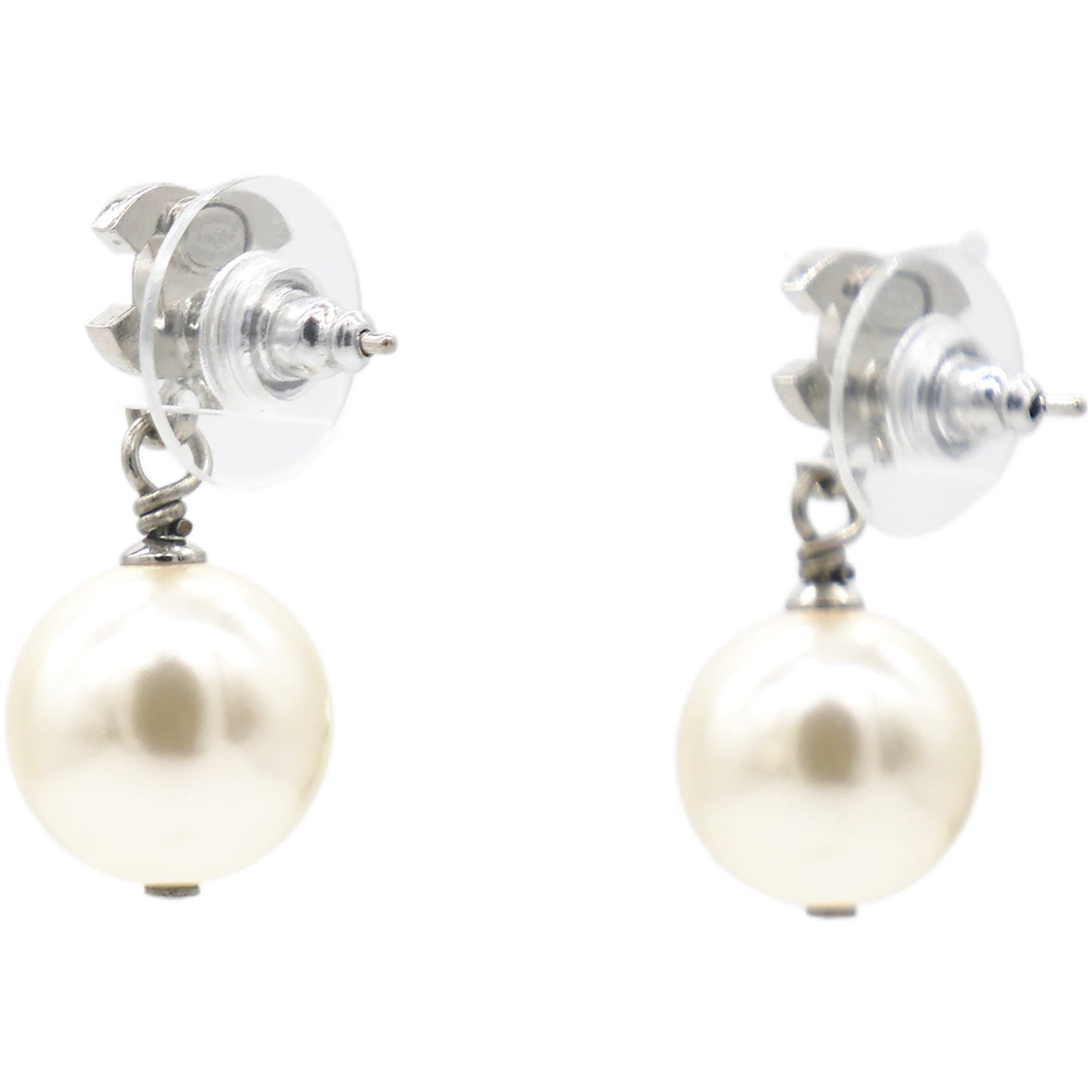 Chanel CC Drop Earrings Crystal Pearl Silver