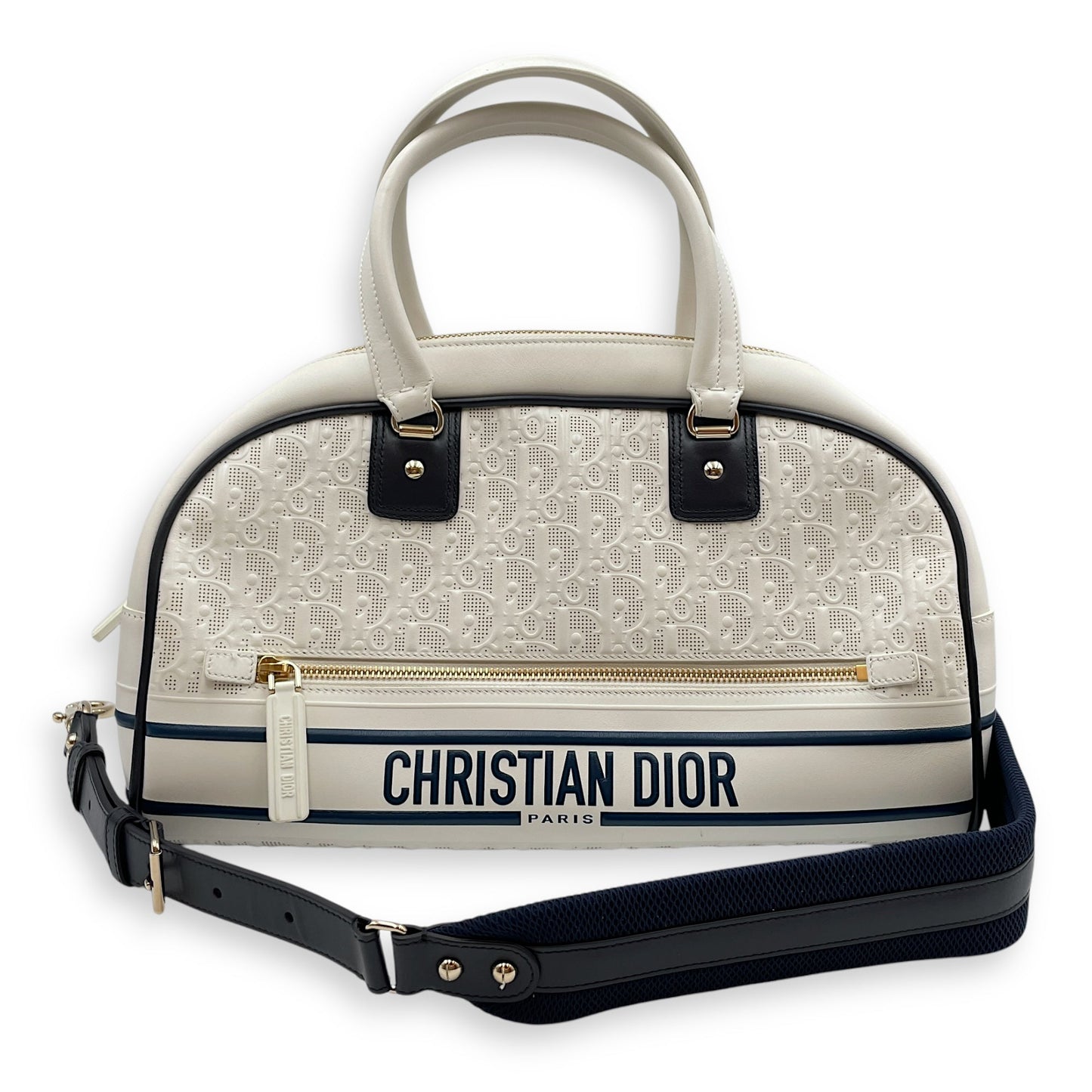 Vibe Zip Perforated White/Blue Shoulder Bag in Calfskin, Gold hardware
