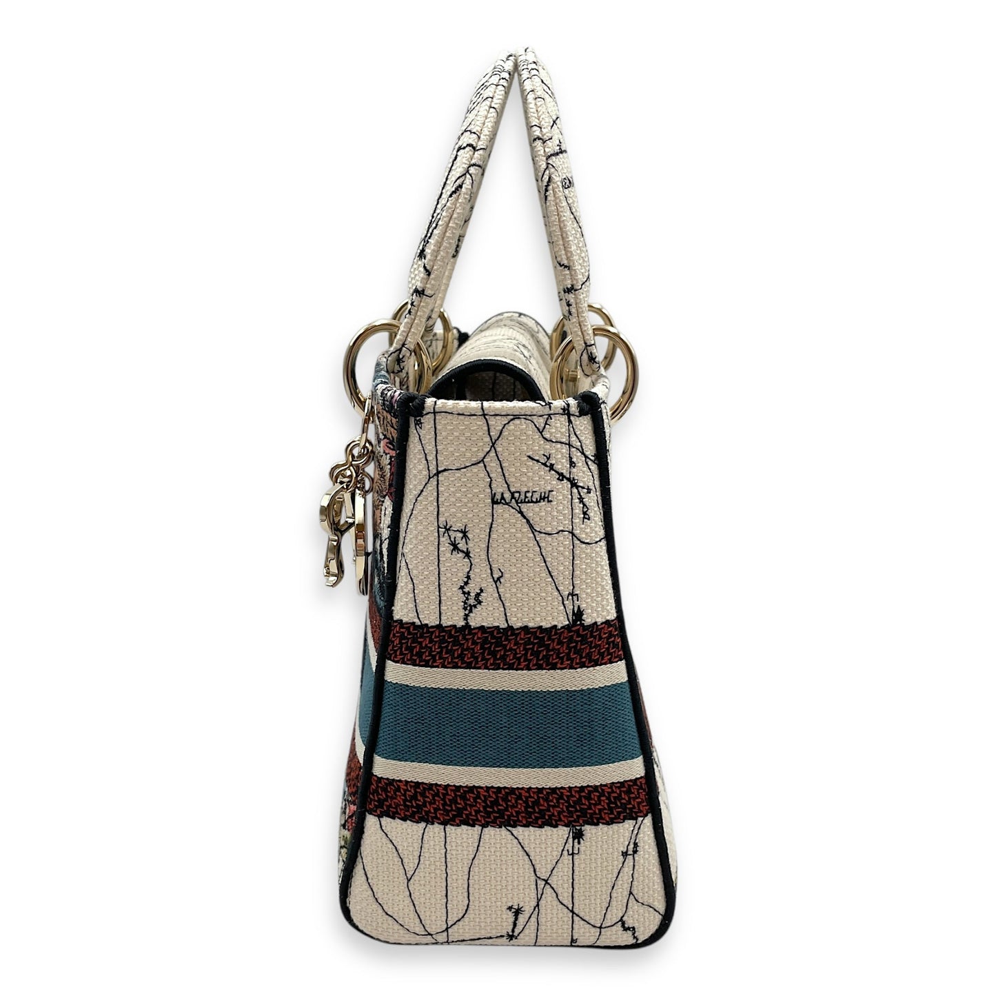 Lady Dior D Lite Medium White Top Handle Bag in Canvas, Gold hardware