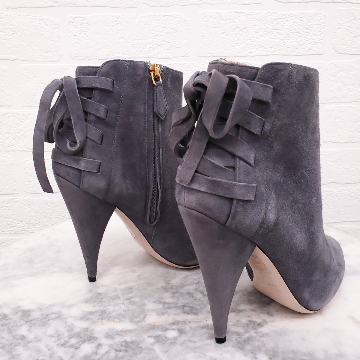 MIU MIU GREY SUEDE LACE UP BOOTIES - SIZE 37