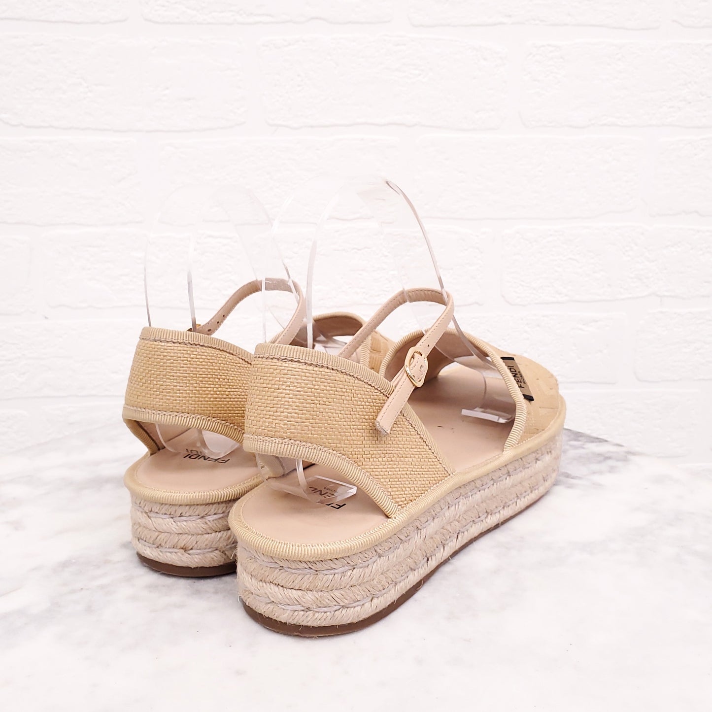 FENDI RAFFIA LOGO ESPADRILLE PLATFORM SANDALS - SIZE 38.5