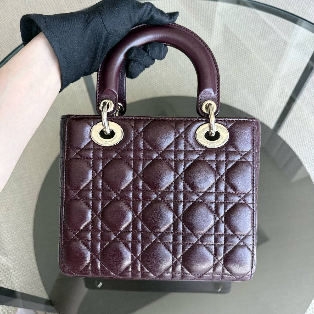 Dior Lady Small Flap - Cannage Lambskin Burgundy Dark Red Gold Hardware