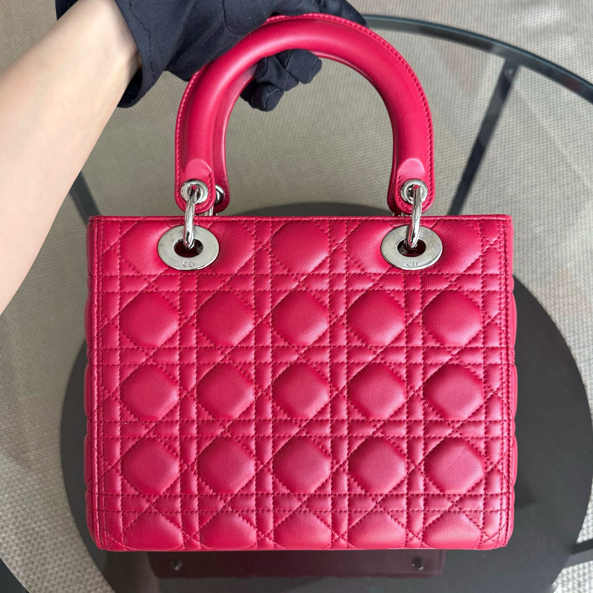 Dior Lady Medium - Cannage Lambskin Red Silver Hardware