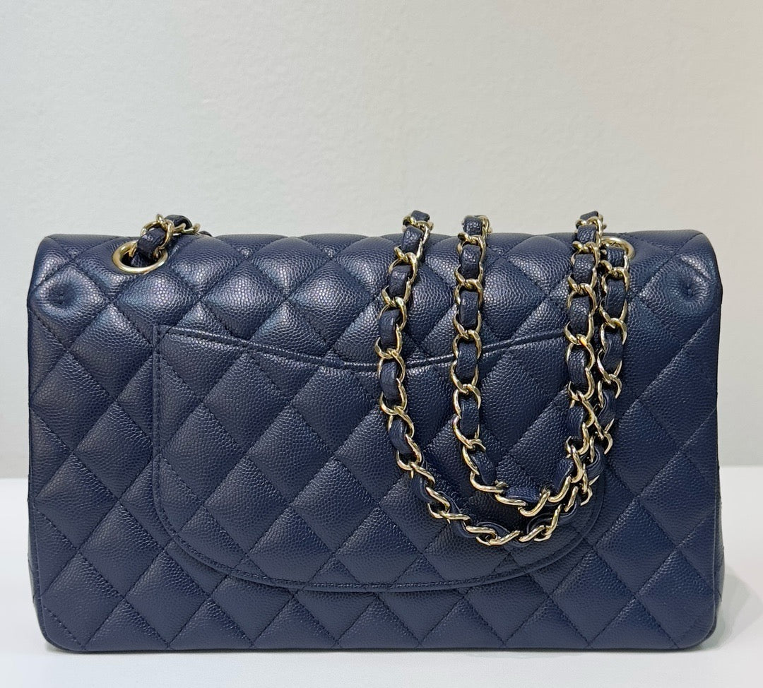 Chanel Medium Classic Caviar Double Flap Navy Blue Bag LSHW