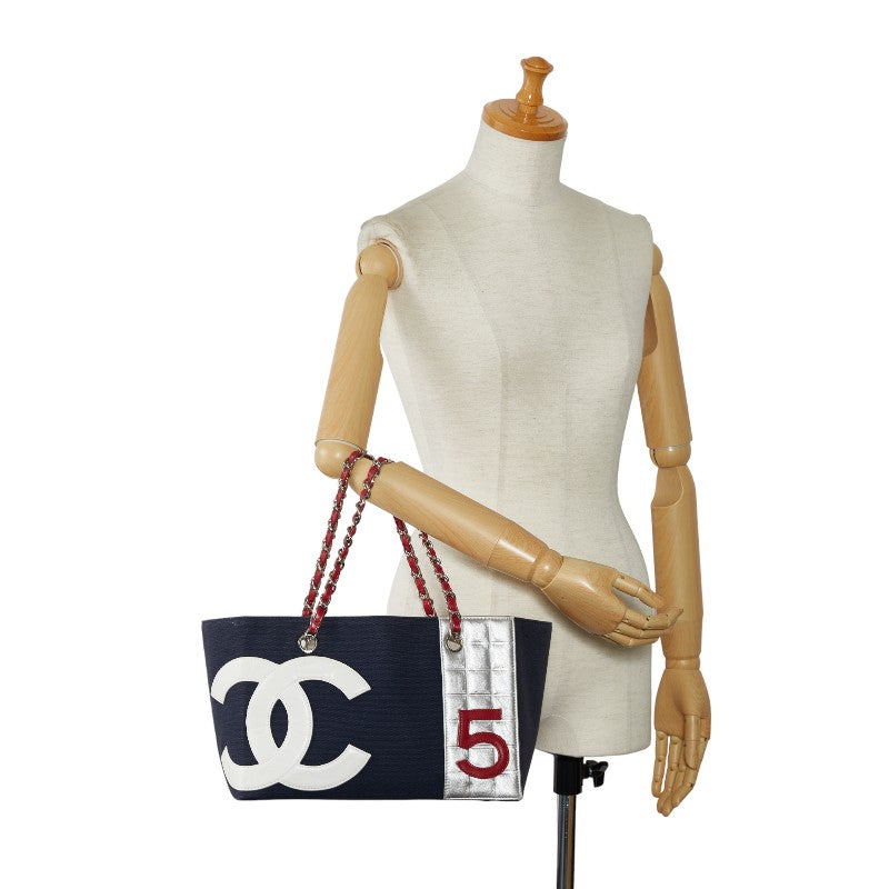 Chanel None. 5 No. 5 Coco Chain Tote Bag Navy Red Silver Canvas Leather Chanel