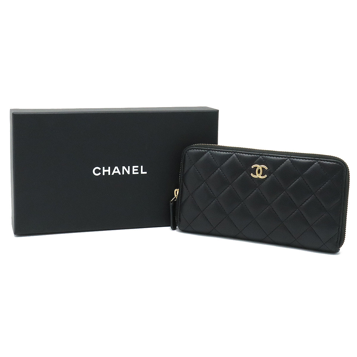 Chanel Wallet Inner Logo Kittening Round Fassner Long Wallet Ram Skin Leather Black Black Silver Gold AP0041