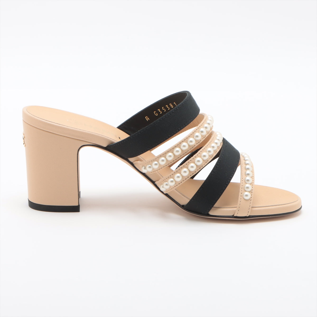 Chanel Coco Leather X Fabric Sandal 35C Beige X Black G35381 Pearl Mould Sandal Bag