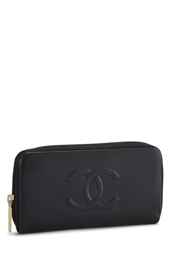 Chanel, Black Calfskin Leather Zip Around Wallet, Black