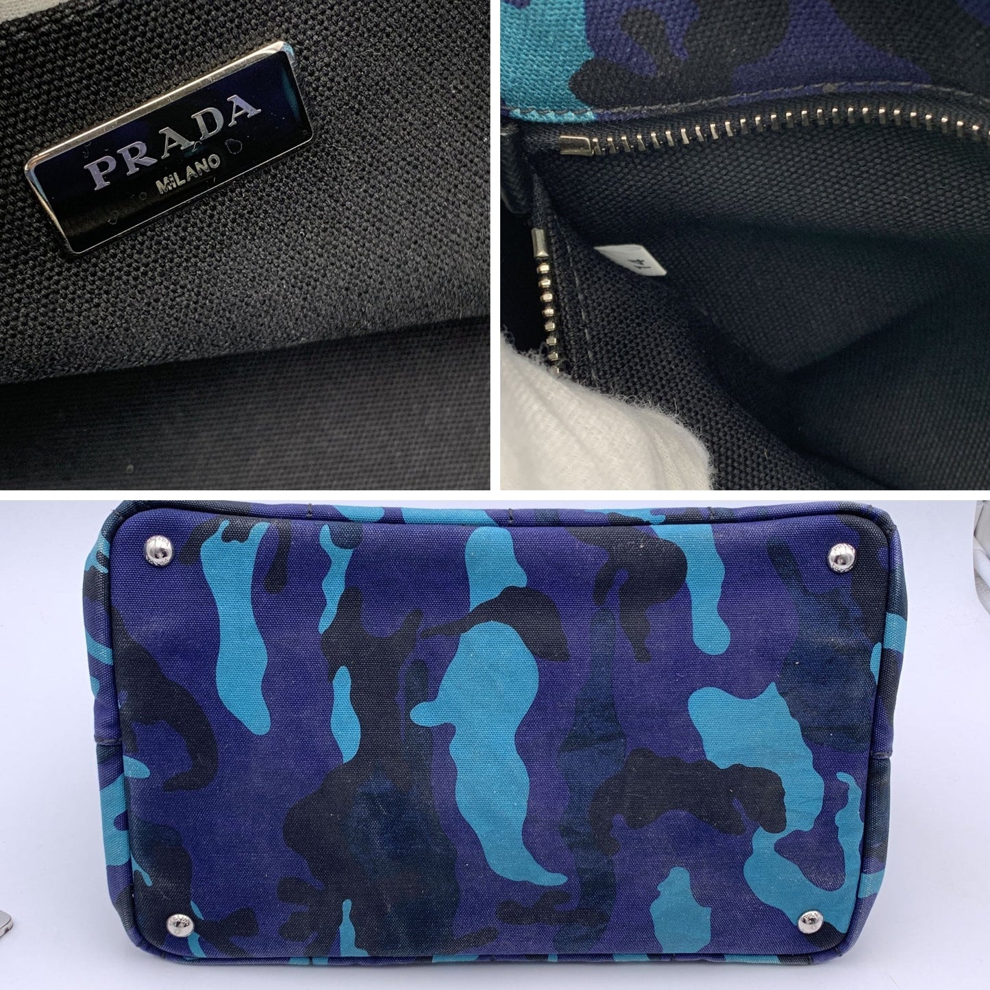 PRADA Blue Camouflage Canvas Canapa Logo Tote Bag