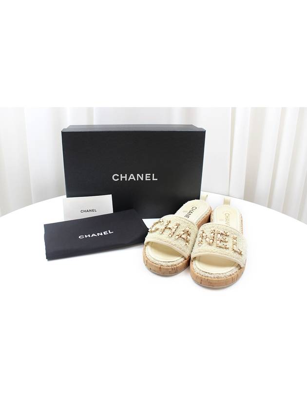 Tweed Chain Logo Slides Women s Mule Slippers Ivory 36 5 Size G34826 Chanel