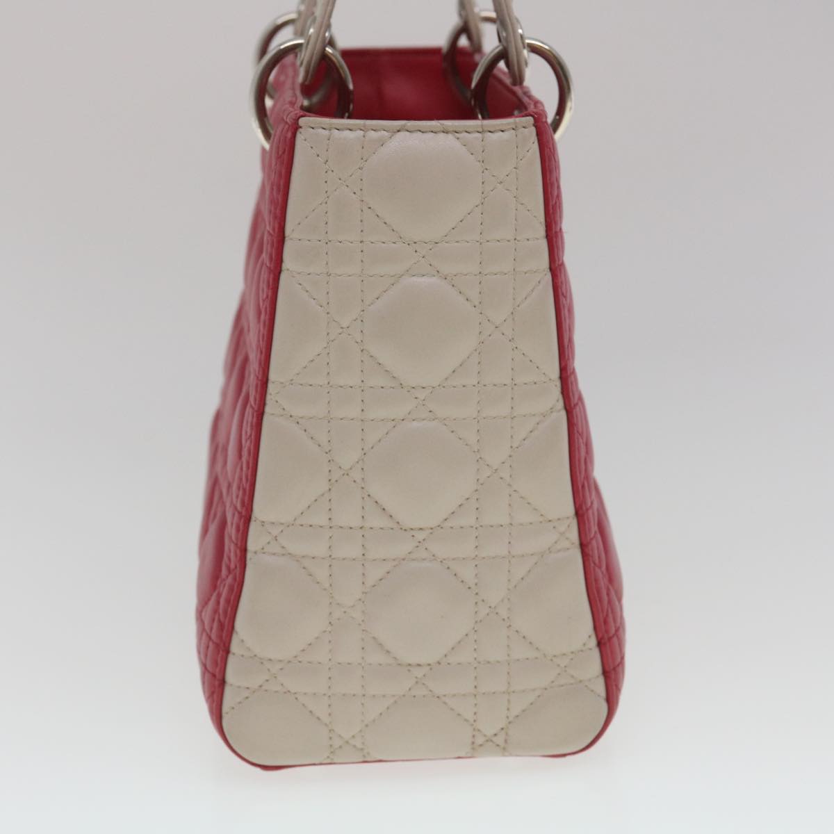 CHRISTIAN DIOR Lady Dior Cannage Medium Hand Bag Lamb Skin Red White Auth 29502A