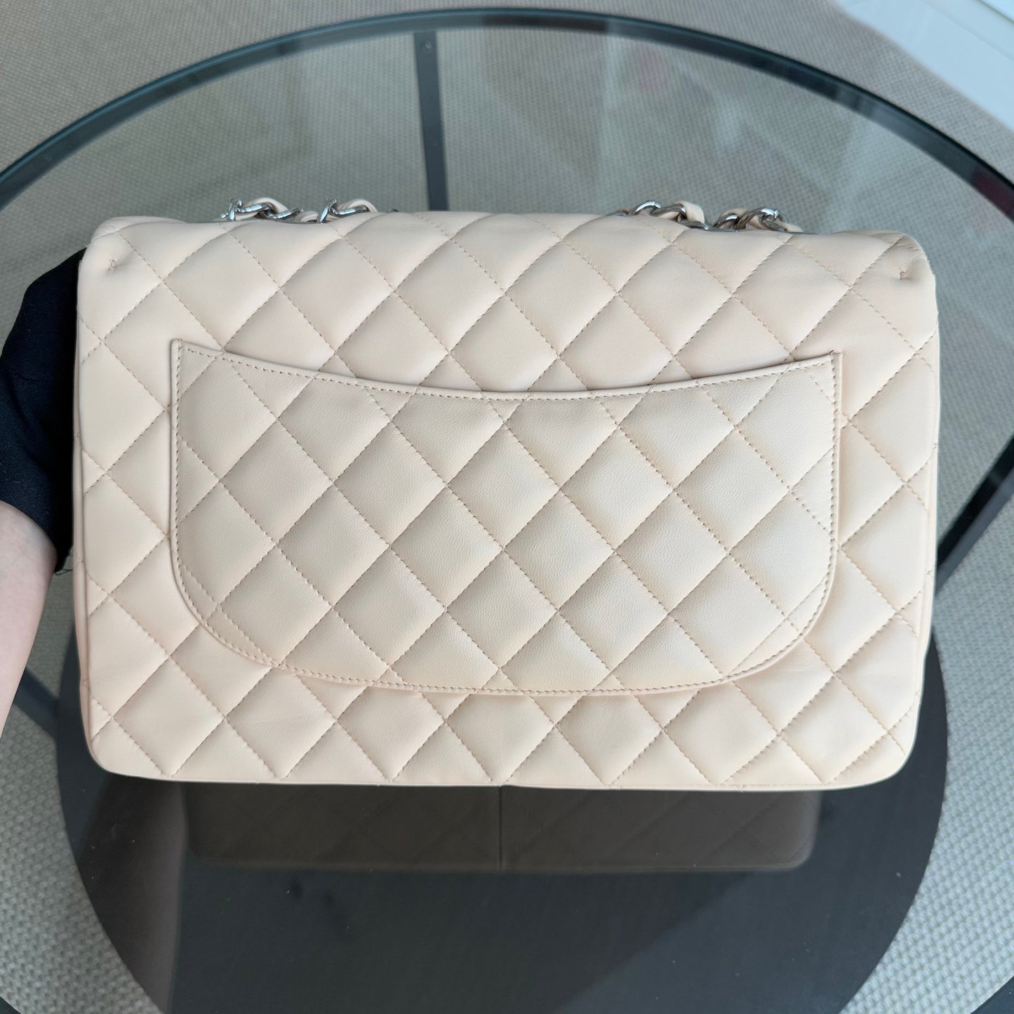 Chanel Classic Flap Jumbo - 30CM Quilted Single Flap Lambskin Beige Silver Hardware Series 13