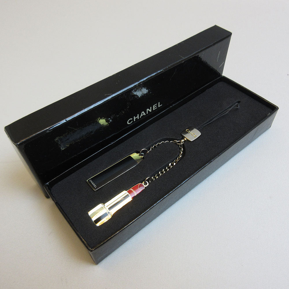 Chanel Metal Mobile Strap Keychain Gold Black Red Lipstick Motif