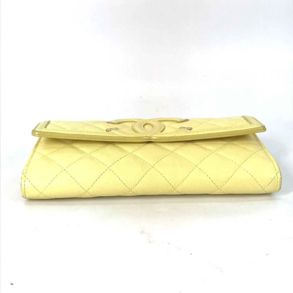 CHANEL Long Wallet Purse Caviar skin yellow Long wallet Filigree CC COCO Mark
