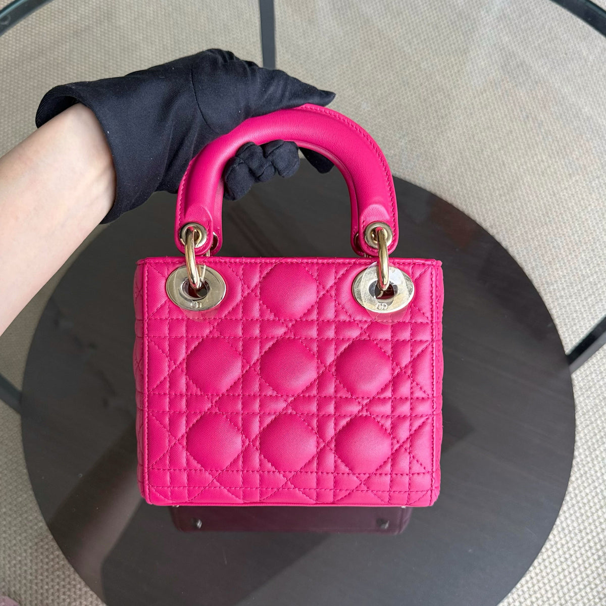 Dior Lady Mini - Cannage Lambskin Hot Pink Gold Hardware Adjustable Strap